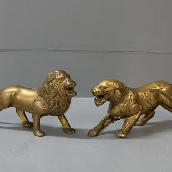 2 cast brass figures - lion H-110 L-200 and tiger