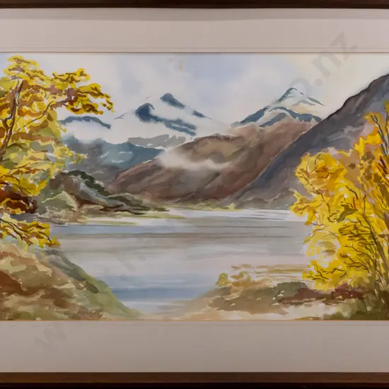 illegible signature - framed watercolour - lake & mountain scene H440 W740