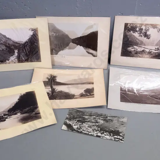 6 double sided cards with 12 vintage NZ scenic photos, 4 Burton Brothers and 8 others, some with original photo info