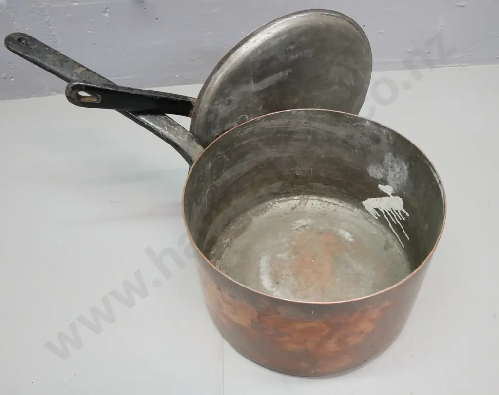 large vintage coppered white metal pot and lid. Cast metal handles to pot and lid. H-180 W-520 handle-to-rim Image 1++