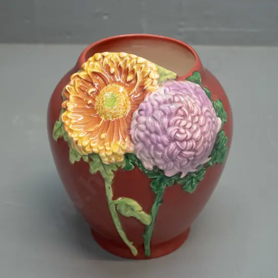 Beswick vase - plum colour with applied flowers - some staining inside H-170