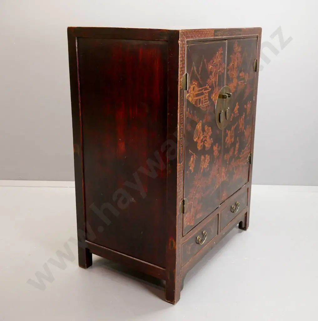 Chinese elm large 2-door cabinet with 2 lower drawers, brass round hinges, lock plate and handles, scenic & figural Image 1++