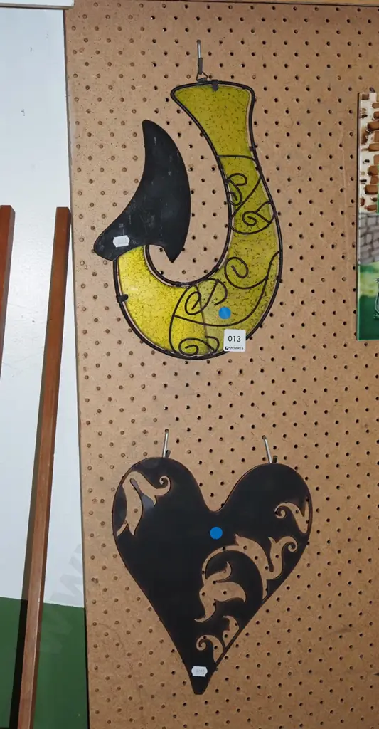 metal and glass wall art - fish hook, love heart - blue dots Image 1++