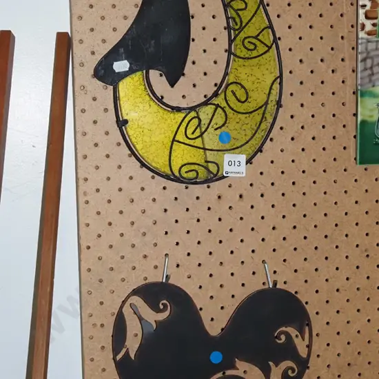 metal and glass wall art - fish hook, love heart - blue dots