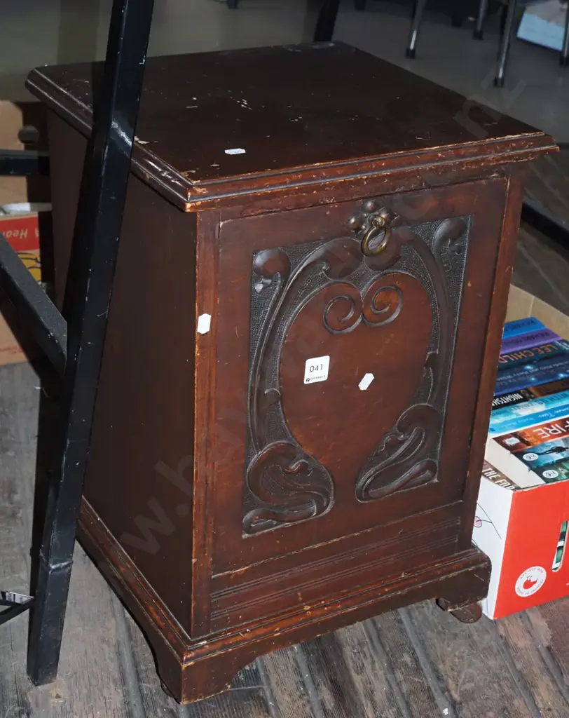 Edwardian drop front coal bin with shield carved door and metal liner - doesn't open fully H-580 Image 1++