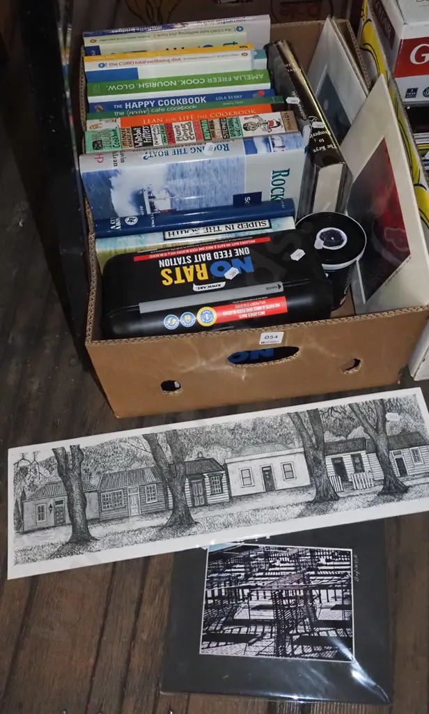 box; cookbooks, unframed prints, bait station Image 1++