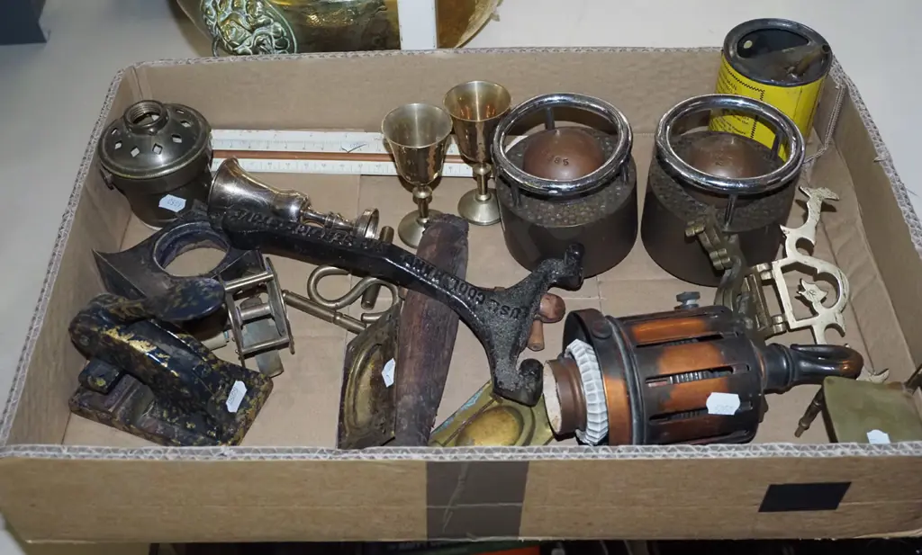 box; part kerosene lanterns, scale rule, small brass doll chairs etc Image 1++