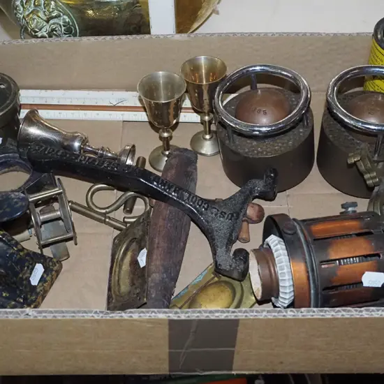 box; part kerosene lanterns, scale rule, small brass doll chairs etc