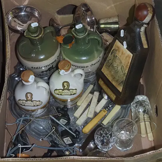 box; whisky jugs, bone handled knives etc