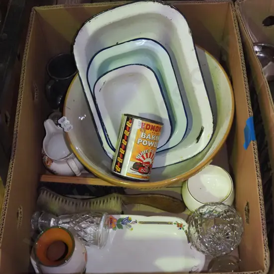 box; large mixing bowl, enamel bowls etc