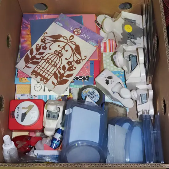 box of crafter's cutters, cards, stencils etc