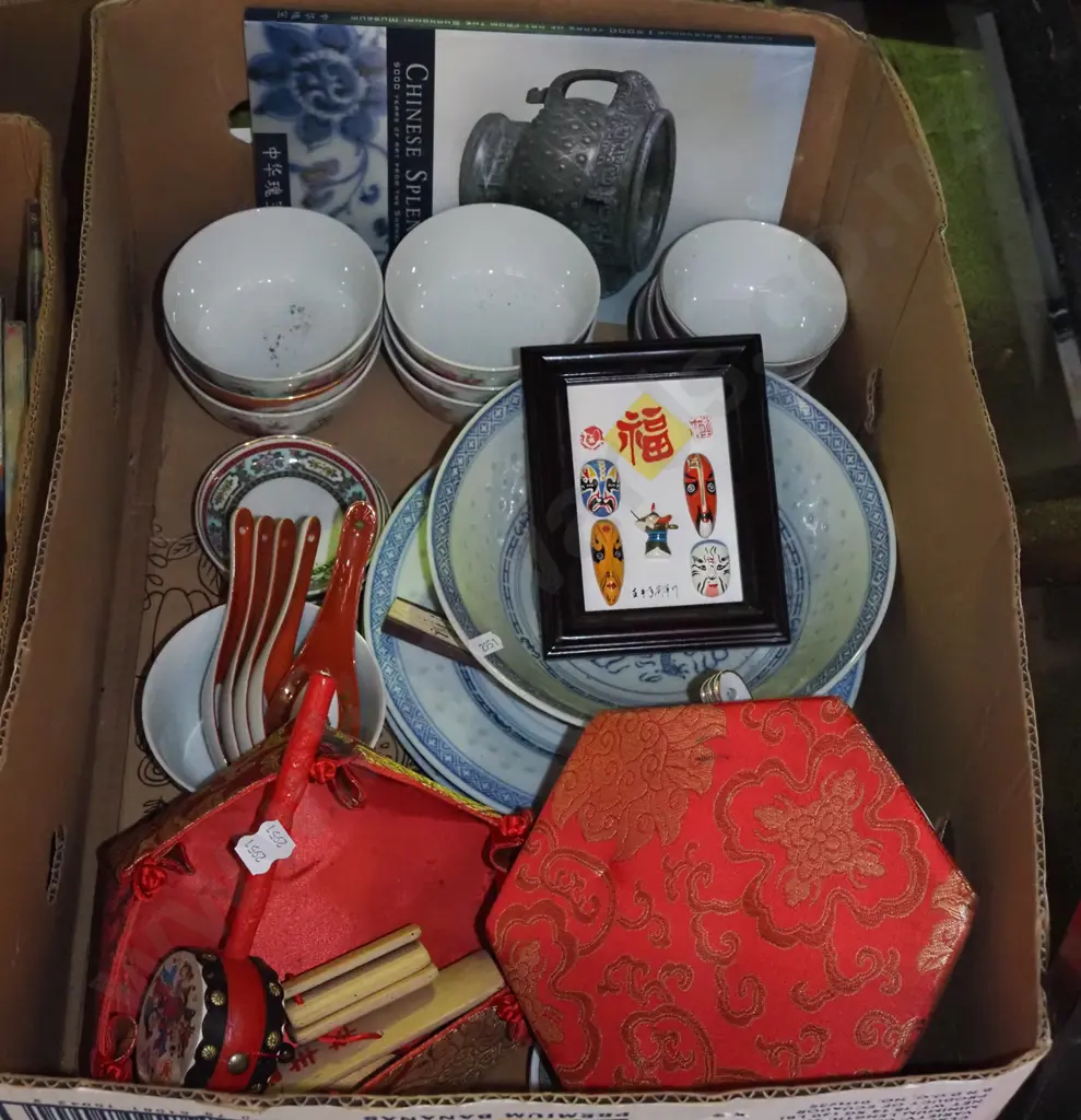 box; Asian blue and white bowl, spoons, drum etc Image 1++