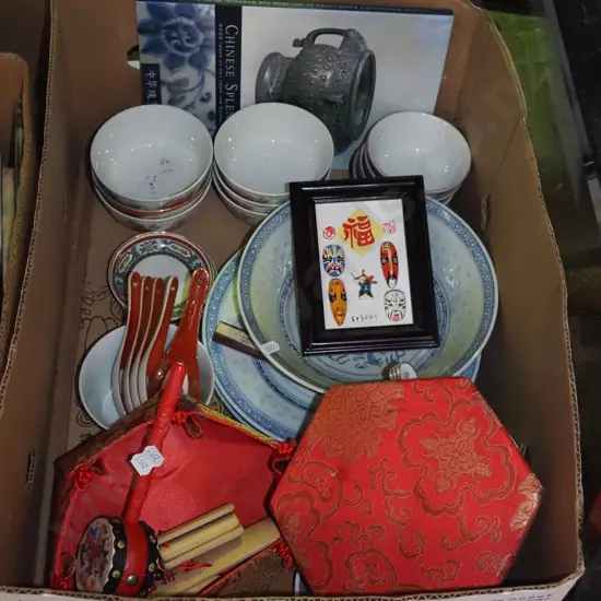 box; Asian blue and white bowl, spoons, drum etc