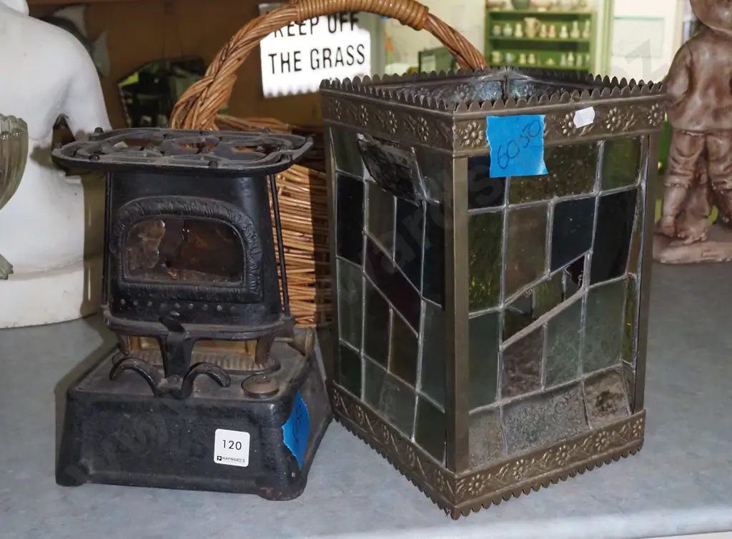 Victorian cast iron kerosene camp stove, leadlight pendant light fitting - significant damage Image 1++