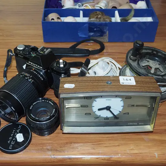 Pentax camera and lenses, clocks, reel
