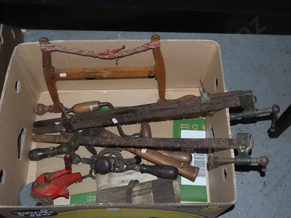 box of vintage tools, sash clamps, sharpening stone etc Image 1++