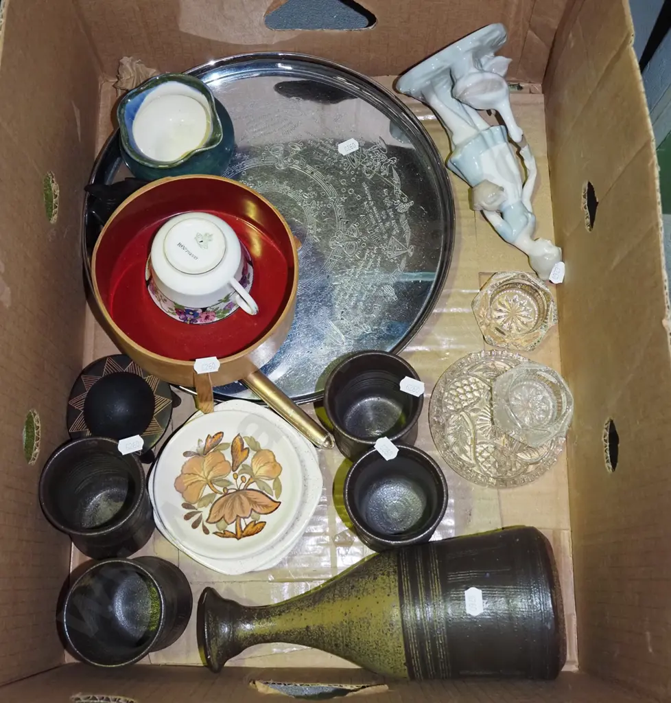box; figurine, plated tray, pottery goblets etc Image 1++