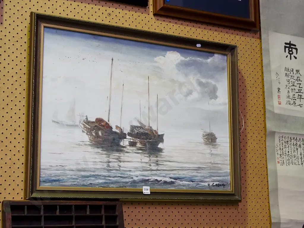 H Cheng - framed oil on canvas - boats - significant damage Image 1++
