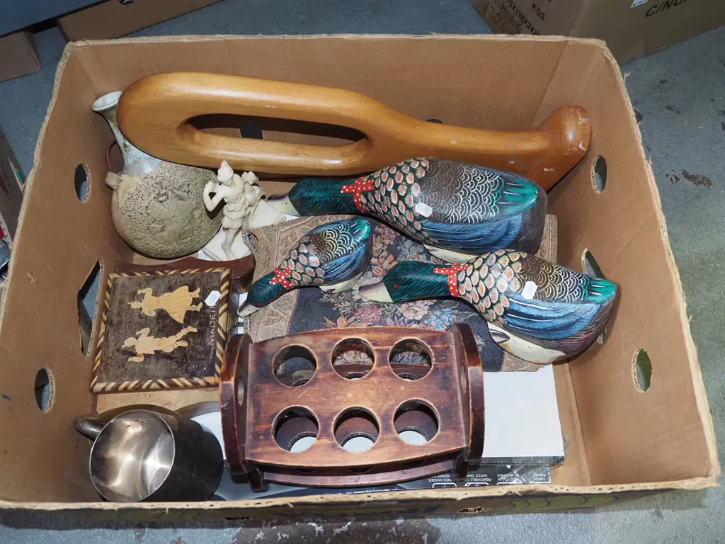 box; wooden ornamental ducks, pottery flask, egg holder etc Image 1++