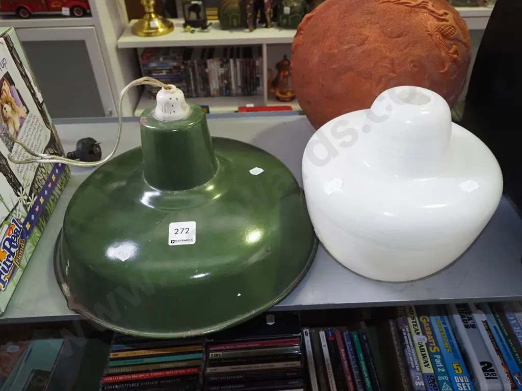 green industrial light shade Diam-310 some damage, white glass light shade Image 1++
