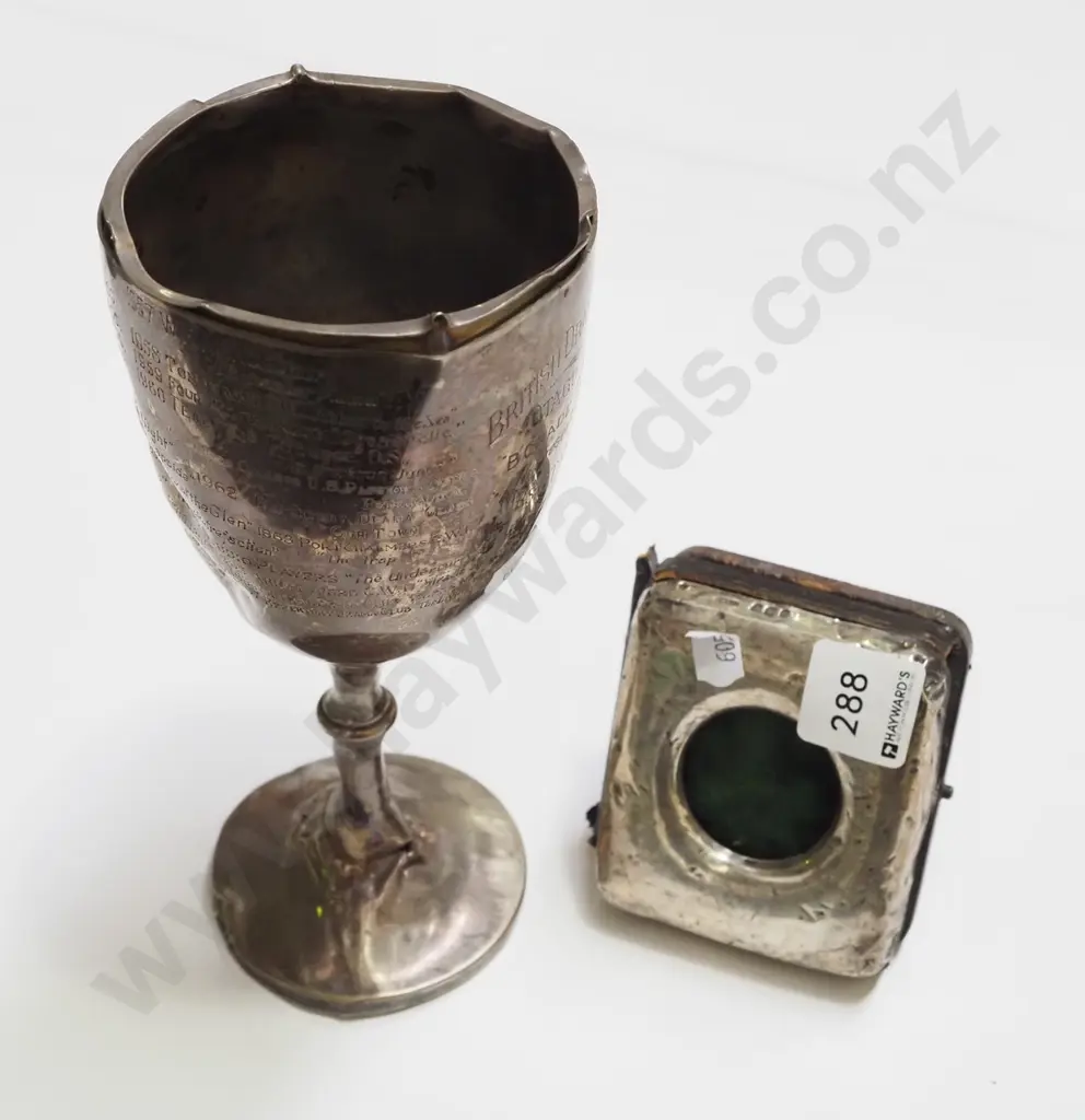 sterling silver fob watch case and engraved sterling presentation cup - both damaged Image 1++
