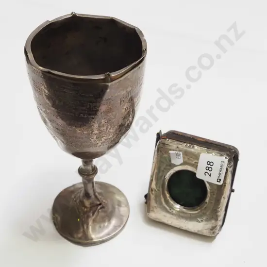 sterling silver fob watch case and engraved sterling presentation cup - both damaged