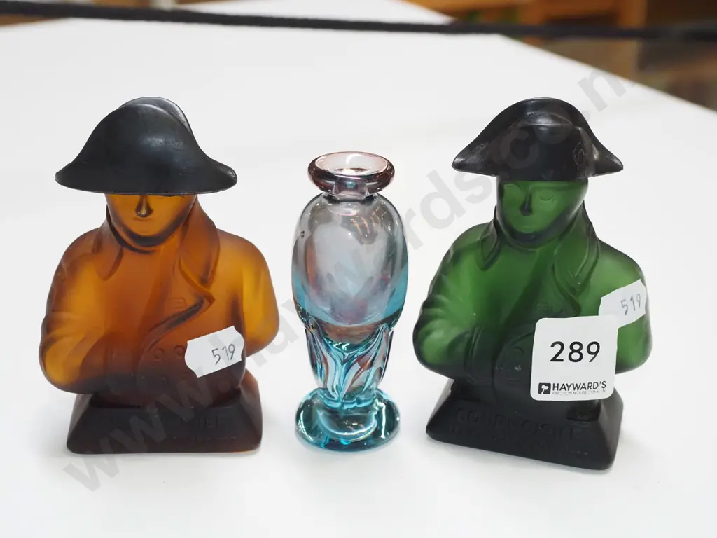2x small Napoleon brandy bottles (empty) and a glass bud vase Image 1++