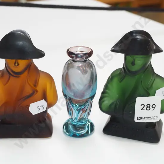 2x small Napoleon brandy bottles (empty) and a glass bud vase