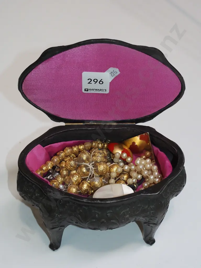 cast metal and ceramic jewellery box on stand and contents Image 1++