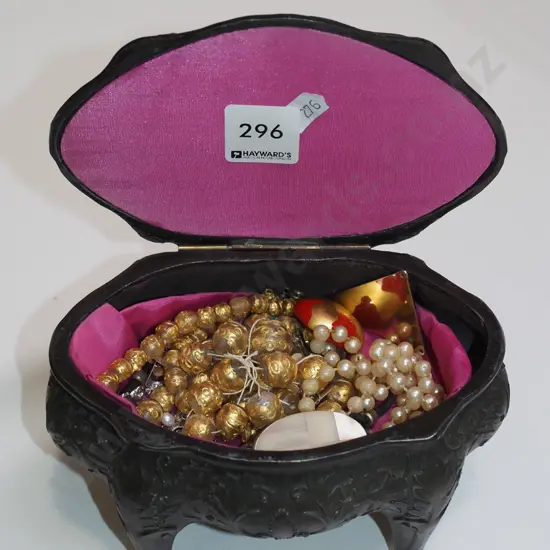 cast metal and ceramic jewellery box on stand and contents