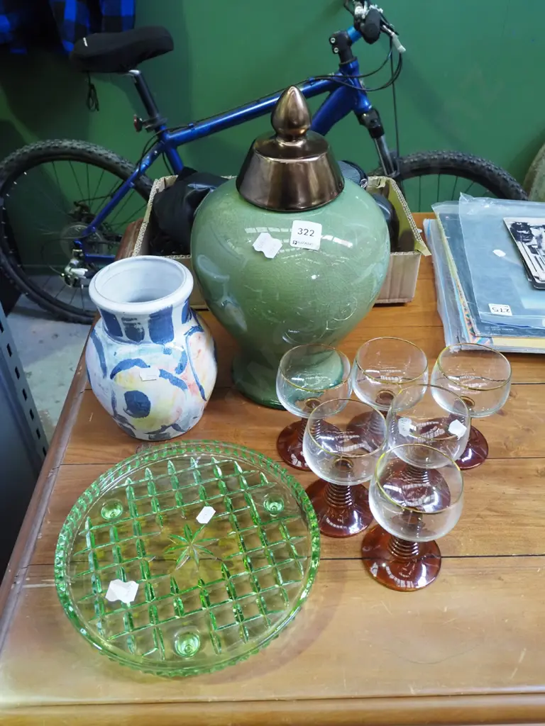 crazed green glazed lidded urn, 6x goblets, pottery vase, green glass footed cake plate Image 1++