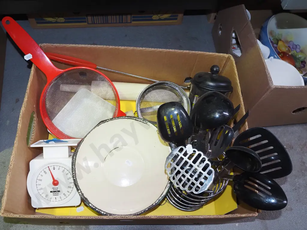 box; vintage Salter scales, flour sifter, kitchen utensils etc Image 1++