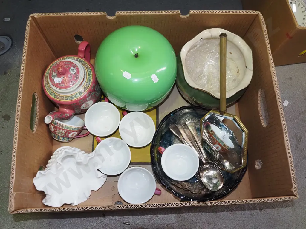 box; Asian teapot, cups, hand held mirror etc Image 1++