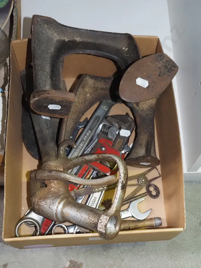 box; ring spanners, shoe lasts, petrol bowser handle etc Image 1++