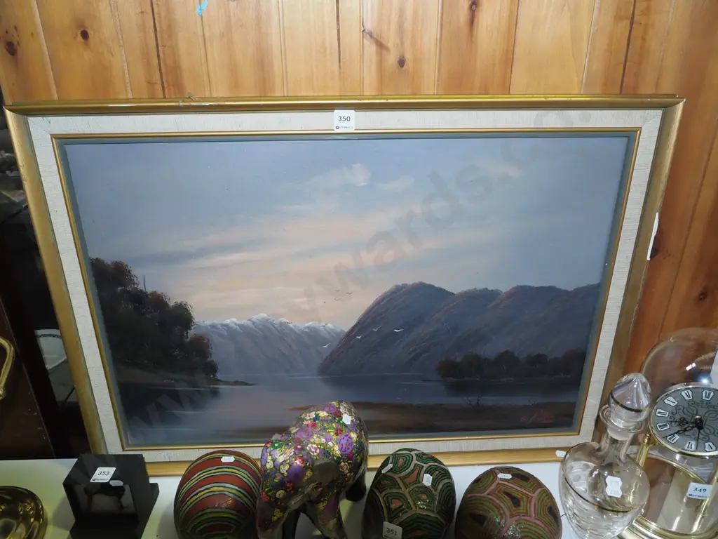 G Potter - oil on board - lake and mountain scene - needs re stringing, marks, frame needs attention Image 1++