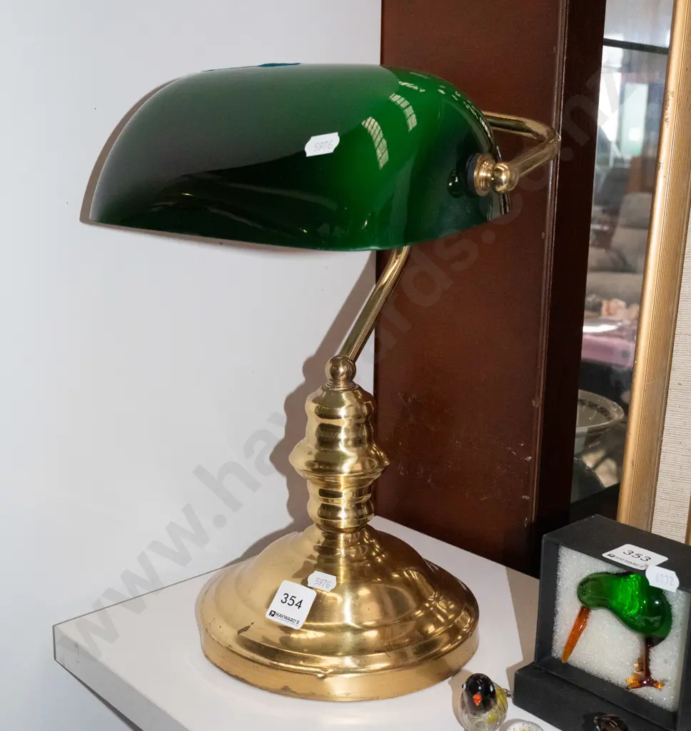 brass and green glass bankers lamp - cord has been cut Image 1++