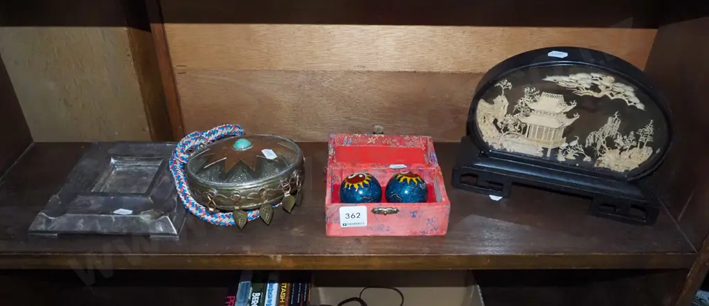 shelf; ashtray, brass hip flask etc Image 1++