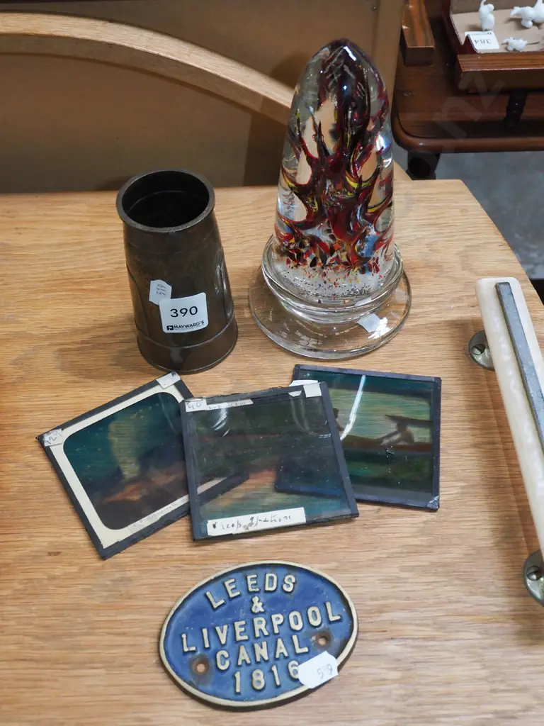 small copper vase, art glass ornament, magic lantern slides, Leeds Liverpool brass plaque Image 1++