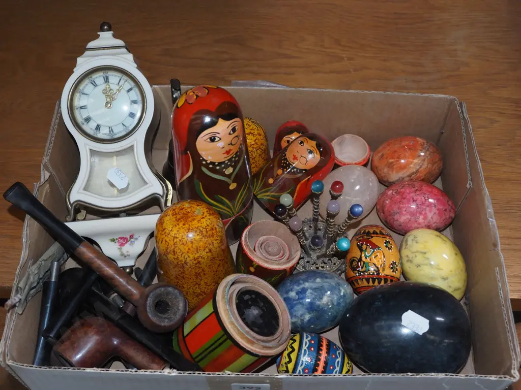 box; stone and timber eggs, nesting dolls (some AF / partial) smoking pipes, small wall clock etc Image 1++