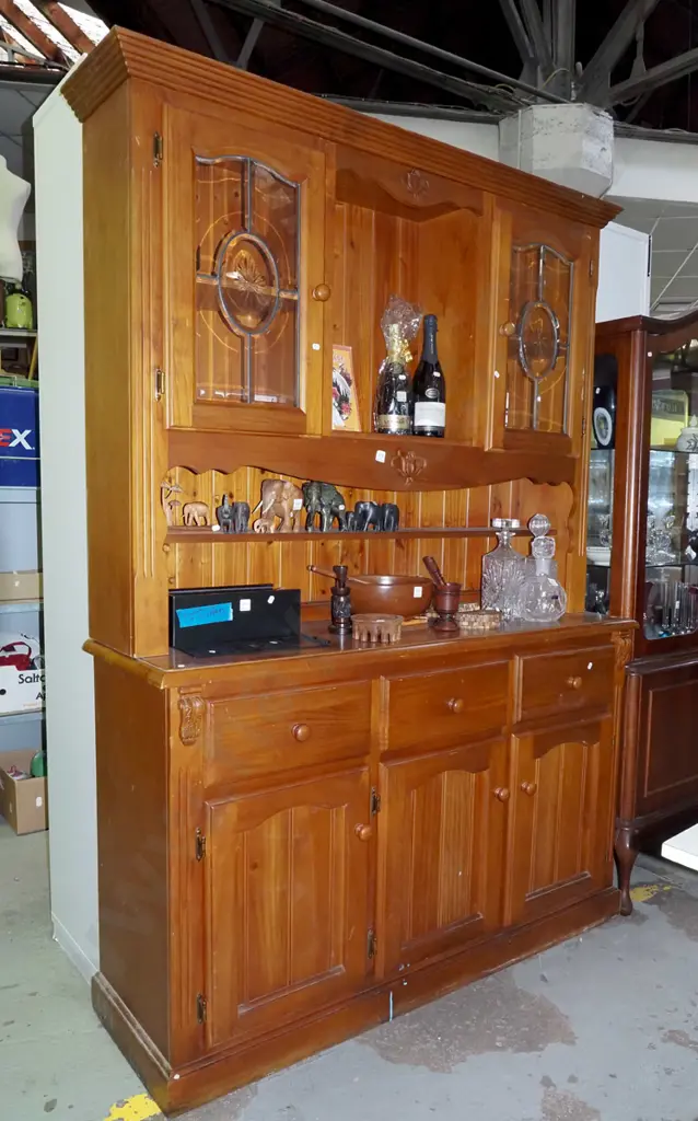 solid pine wall unit with 3 solid doors and drawers, bevelled edge leadlight doors H-2060 W-1430 D-450 Image 1++