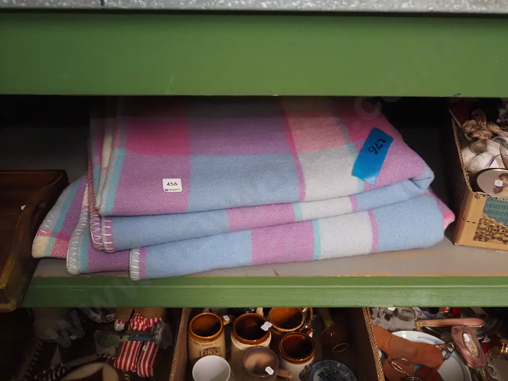 2x blue and pink checked woollen blankets Image 1++
