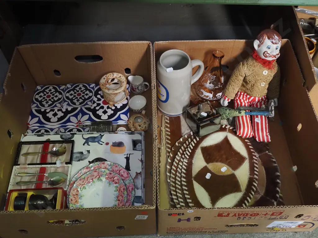 2x boxes of tiles, beer stein, dolls etc - red dots Image 1++