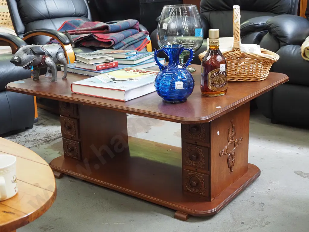 oak topped coffee table with base made from pair of treadle machine drawers H-440 W-1000 D-800 Image 1++