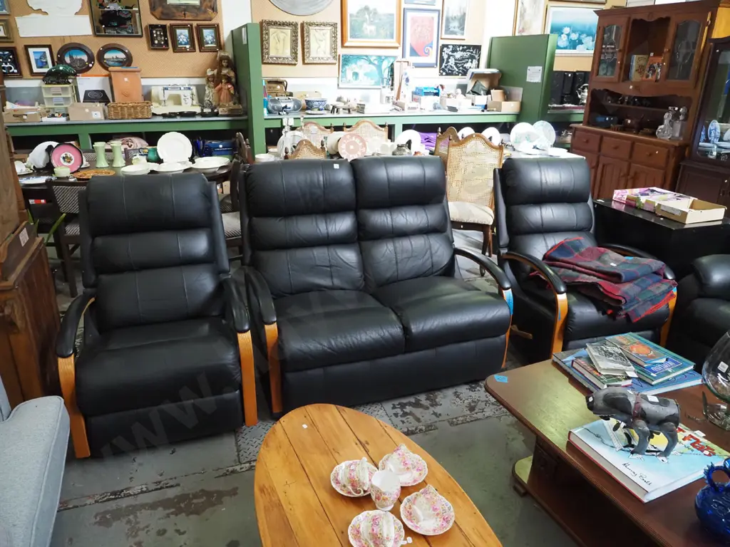3 piece black leather and bentwood La-Z-Boy lounge suite - 2 seater and 2 rocker recliners Image 1++