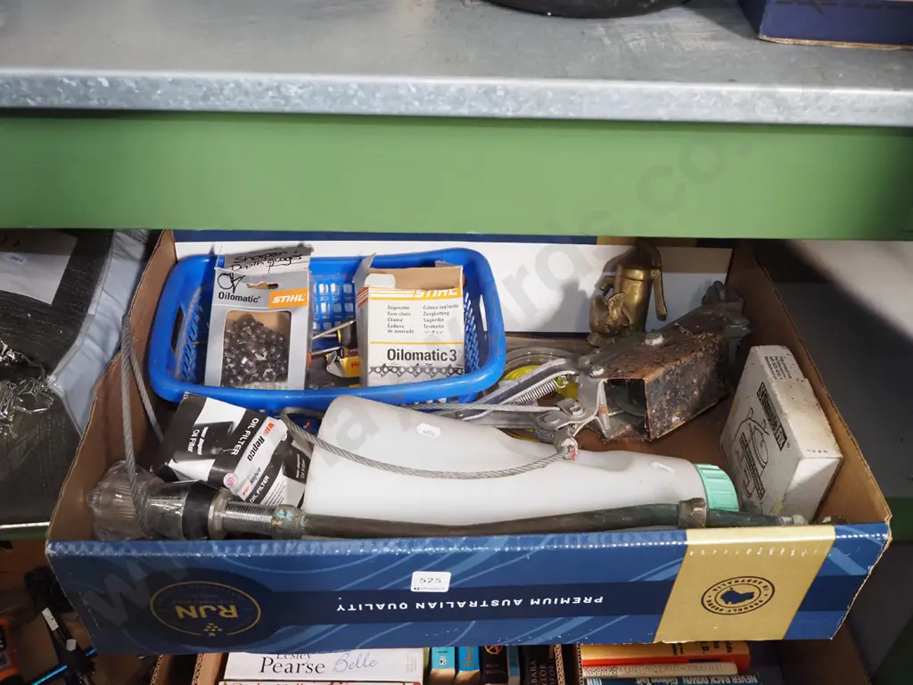 box; hand winch, taps, chainsaw chains etc Image 1++