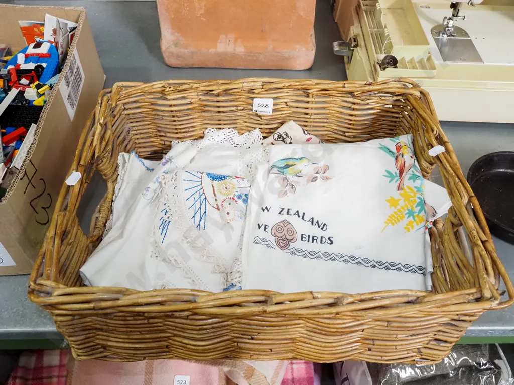 cane basket, NZ themed tablecloth, linen etc Image 1++