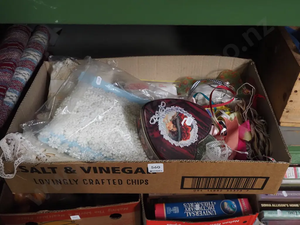 box of sewing accessories; ribbons, lace, threads etc Image 1++