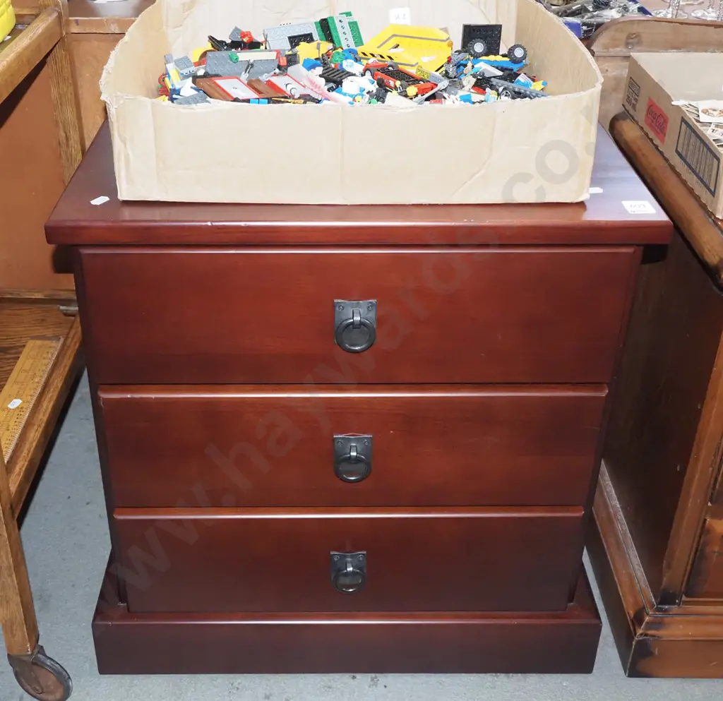 dark stained 3 drawer bedside cabinet with metal drop handles Image 1++