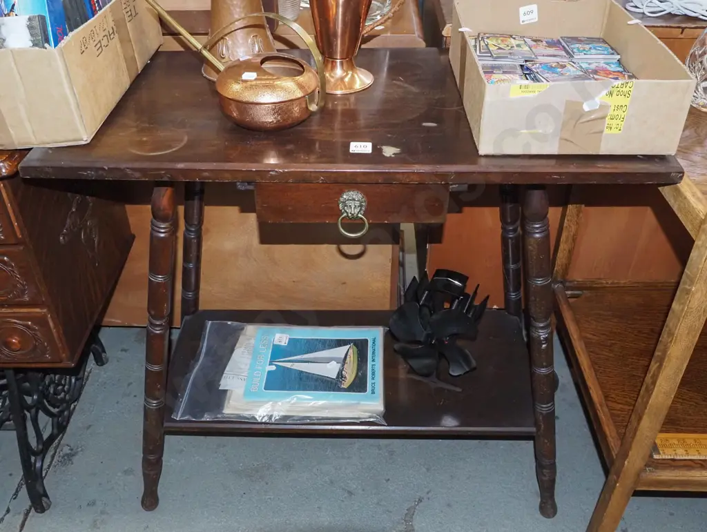 dark stained turned leg 2 tier hall table H-740 W-760 D-390 Image 1++