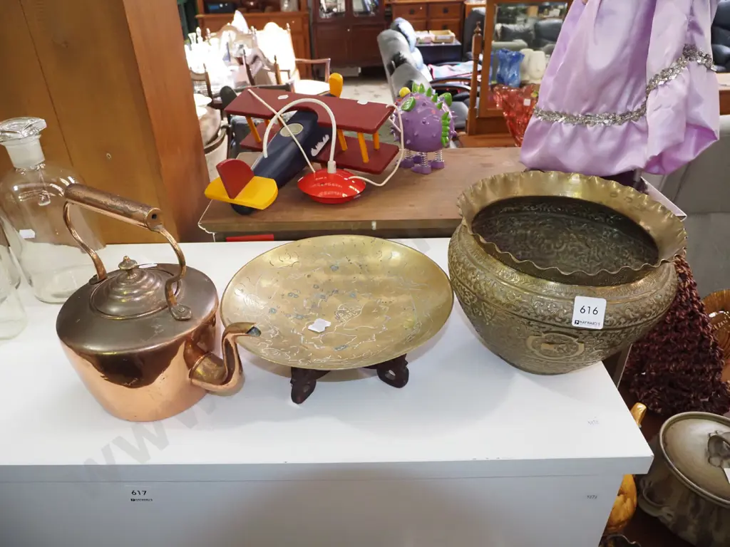 copper teapot, brass bowl on stand, jardiniere Image 1++